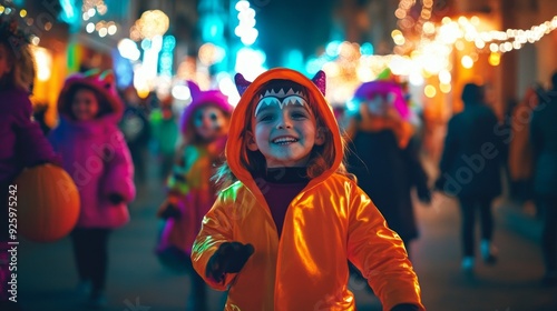 A joyful child in a bright orange coat celebrates Halloween night among friends. The colorful atmosphere is filled with laughter and fun. The street glows with festive lights. AI