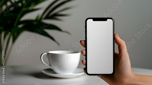 a female hands holding a phone with white screen in a hotel and coffee on table in blur