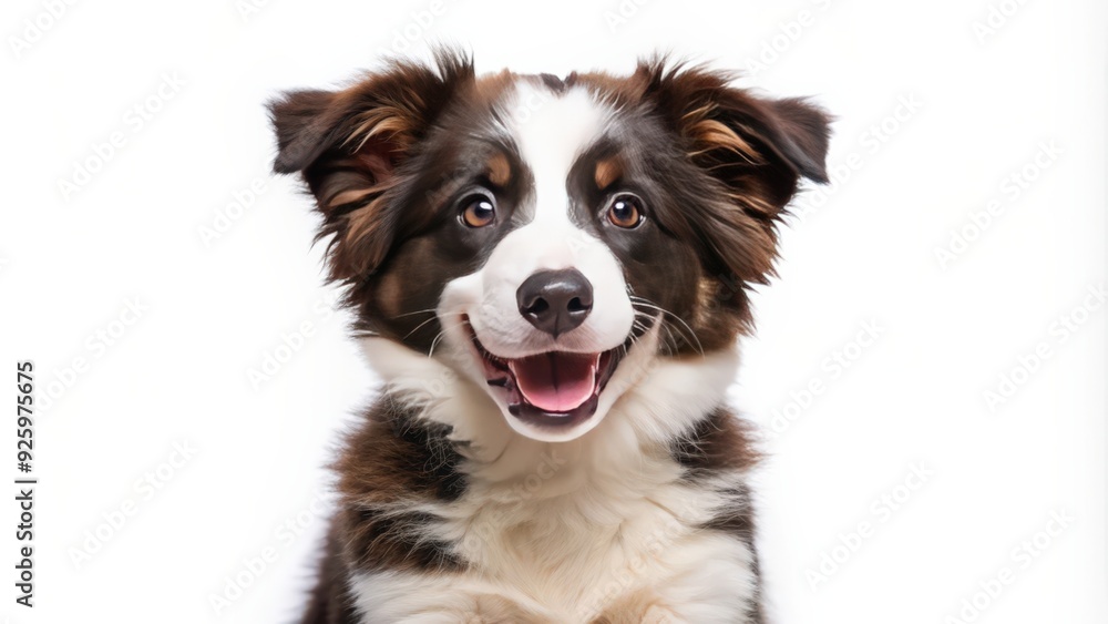 Fluffy border collie puppy with a big grin staring at the camera on a white background, border collie, dog, puppy, fluffy Fluffy border collie puppy with a big grin staring at the camera on a white background, border collie, dog, puppy, fluffy