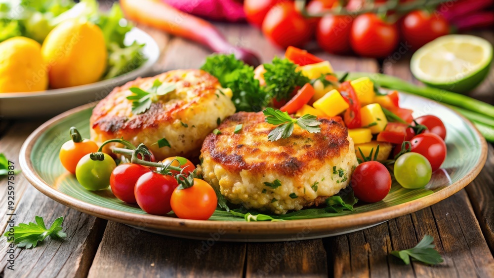 Crab cakes served with a colorful medley of fresh vegetables, crab cakes, seafood, appetizer, vegetables, gourmet, culinary, delicious Crab cakes served with a colorful medley of fresh vegetables, crab cakes, seafood, appetizer, vegetables, gourmet, culinary, delicious