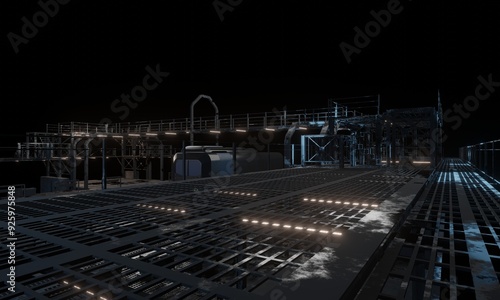 View of upper corridor in military base 3d rendering science fiction wallpaper background