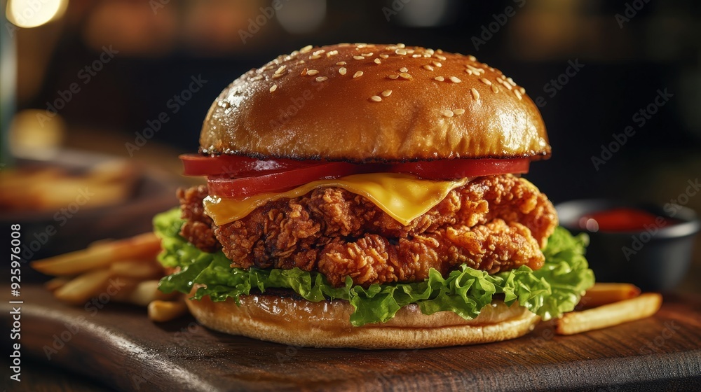 Crispy Fried Chicken Burger with Lettuce, Tomato, and Cheese. Crispy Fried Chicken Burger with Lettuce, Tomato, and Cheese.