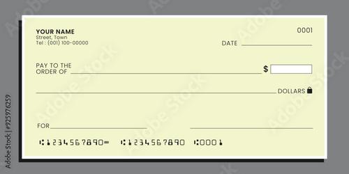 Bank check, blank money cheque, checkbook template. Currency payment coupon, money check background. Vector