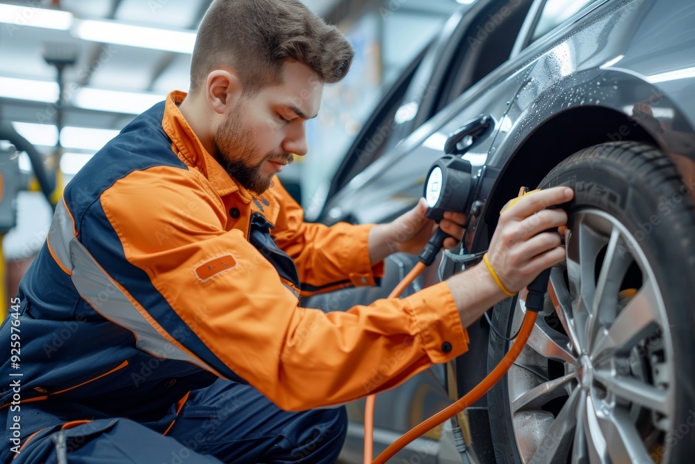 Mechanic Using Digital Tool for Precise Tire Pressure Check in Modern Auto Workshop Mechanic Using Digital Tool for Precise Tire Pressure Check in Modern Auto Workshop