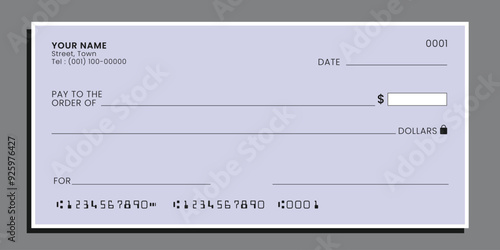 Bank check, blank money cheque, checkbook template. Currency payment coupon, money check background. Vector