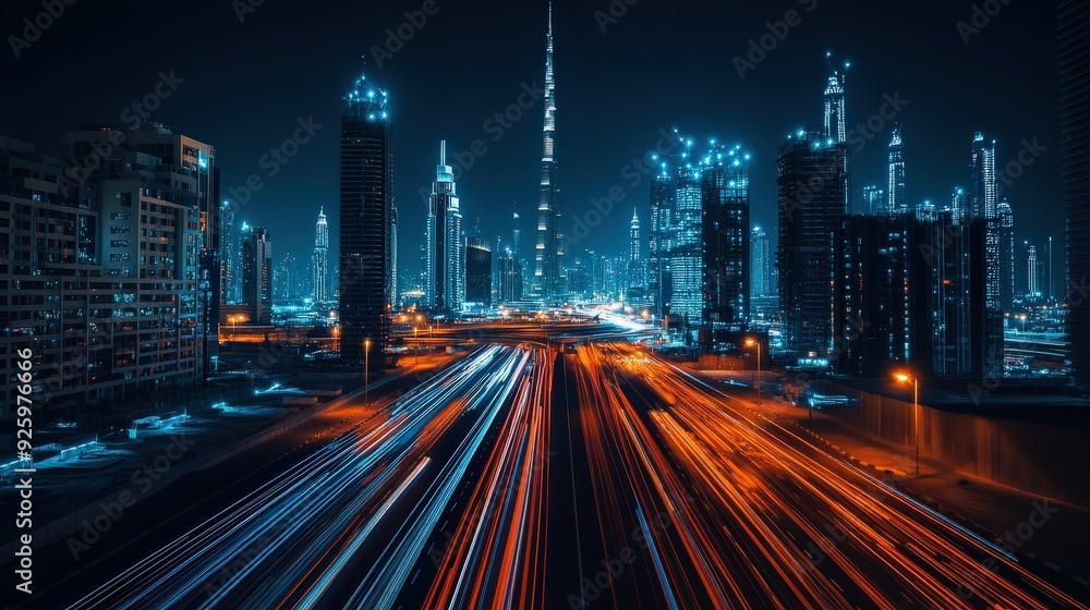 Obraz premium Nighttime Cityscape with Light Trails.