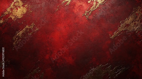 Red and Gold Abstract Texture:  A dramatic and captivating abstract background, featuring a rich red canvas splashed with intricate golden accents.  This textured backdrop evokes a sense of luxury. photo