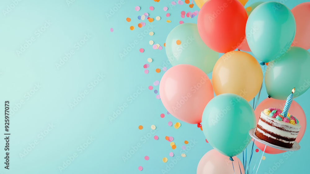 birthday party balloons with confetti and cake on light blue background, detailed and realistic image birthday party balloons with confetti and cake on light blue background, detailed and realistic image