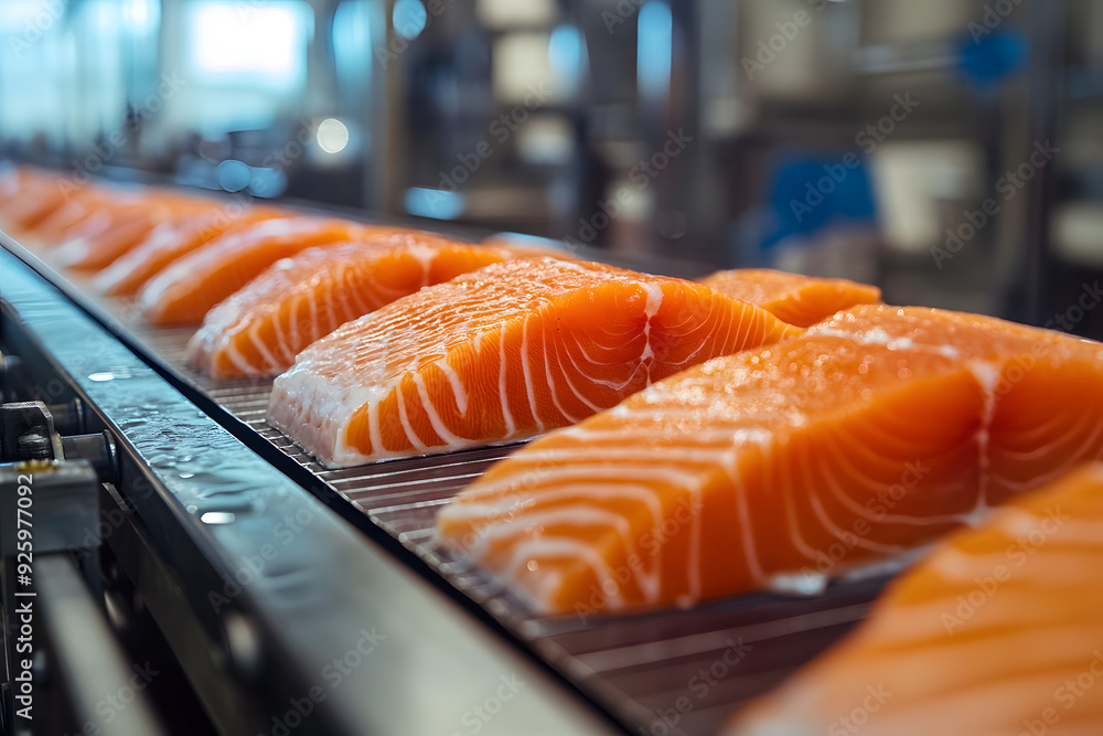 Fish Processing Filet Conveyor belt is moving the fillet along the processing line ...