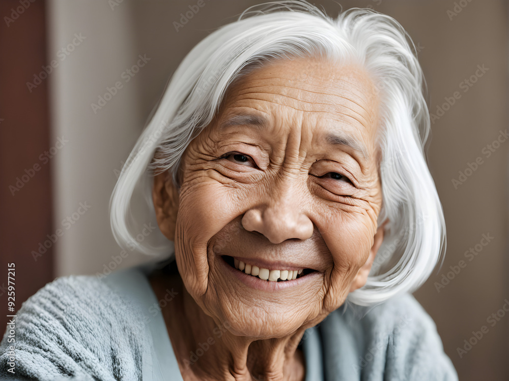 Asian old or elderly woman sitting alone smiling, wrinkled skin, white hair looking at camera, grandmother's face, close-up Asian old or elderly woman sitting alone smiling, wrinkled skin, white hair looking at camera, grandmother's face, close-up