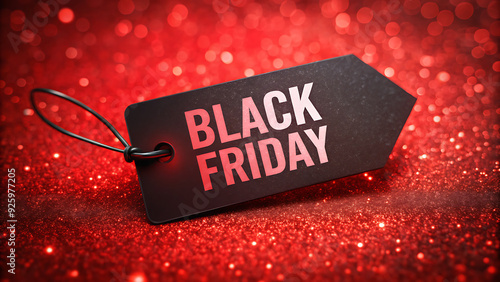 Red tag with black friday text on bright red shimmering background photo