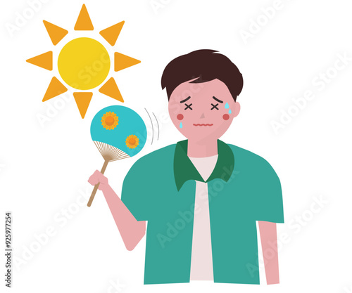 夏バテする男性。うちわで扇ぐ人物。ベクターイラスト