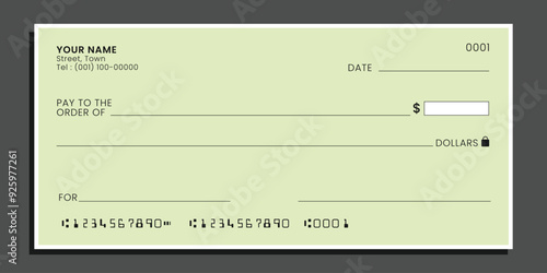 Blank bank cheque. Personal checkbook template empty field to fill. Vector