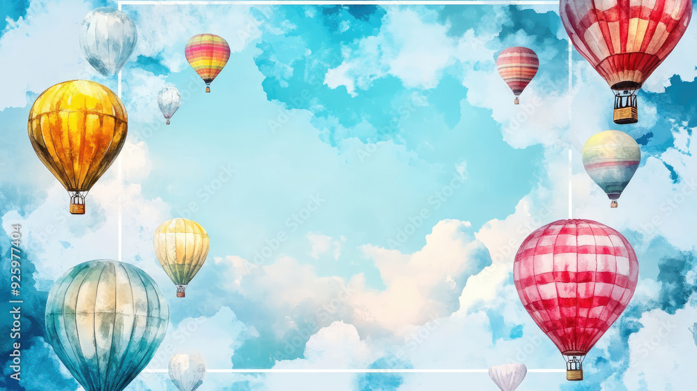 Obraz premium watercolor hot air balloons in the sky frame background, detailed hyper realistic image