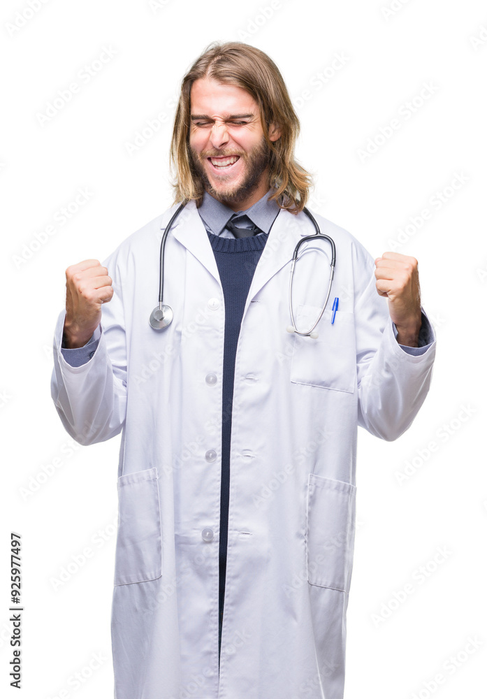 Young handsome doctor man with long hair over isolated background very happy and excited doing winner gesture with arms raised, smiling and screaming for success. Celebration concept. Young handsome doctor man with long hair over isolated background very happy and excited doing winner gesture with arms raised, smiling and screaming for success. Celebration concept.