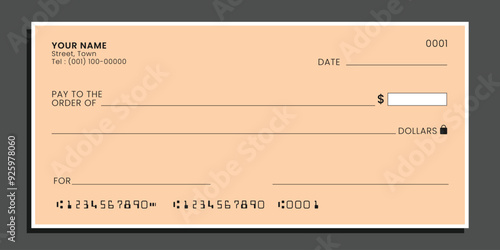 Blank bank cheque. Personal checkbook template empty field to fill. Vector