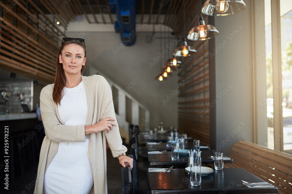 Portrait, business owner and woman in cafe, confidence and startup with hospitality. Face, person or entrepreneur with career ambition, hostess or luxury with industry, pride and management with boss Portrait, business owner and woman in cafe, confidence and startup with hospitality. Face, person or entrepreneur with career ambition, hostess or luxury with industry, pride and management with boss
