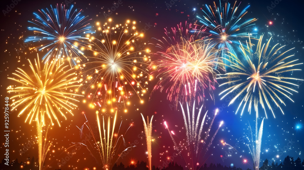 Fototapeta premium Colorful fireworks on dark red background