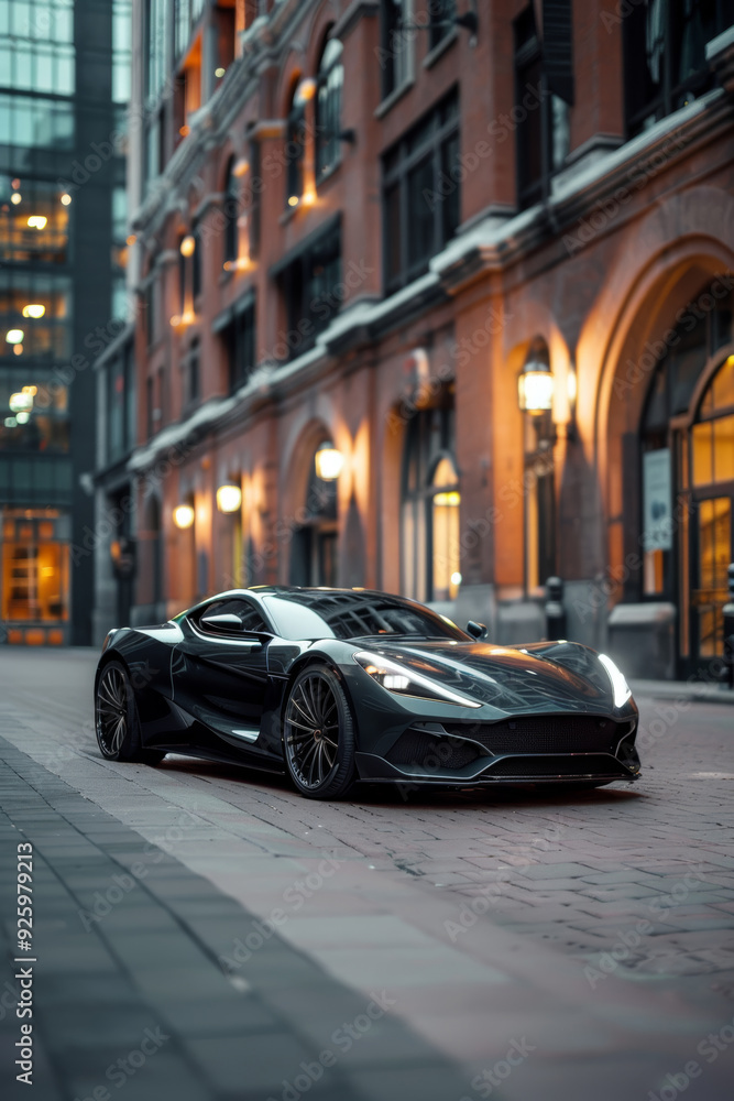 Fototapeta premium Luxury Matte Black Sports Car Parked in Modern Urban Night Setting with Festive Lights
