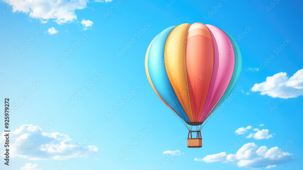 Naklejka premium cartoon colorful hot air balloon in blue sky, banner with copy space, extremely detailed image