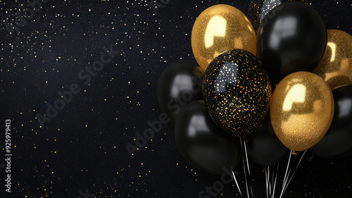 gold and black balloons on black background with glitter. background with negative space for celebration, black friday and new year, detailed high resolution image