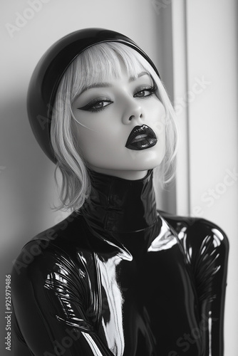 High-end fashion photography, beautiful models showing off retro latex clothing, strong shadow effects and smooth shiny textures. Aurora punk aesthetic, combining retro style with futuristic elements. photo