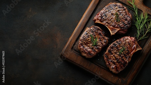 Grilled Steak with Rosemary on Wooden Board. photo