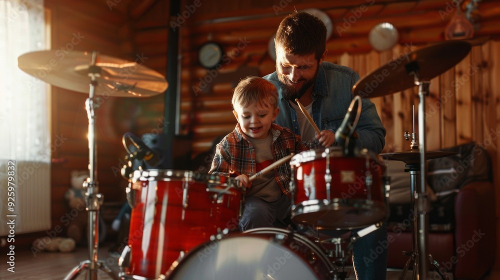 A father and son joyfully play the drums together in a cozy cabin, creating music and memories under warm, glowing light A father and son joyfully play the drums together in a cozy cabin, creating music and memories under warm, glowing light