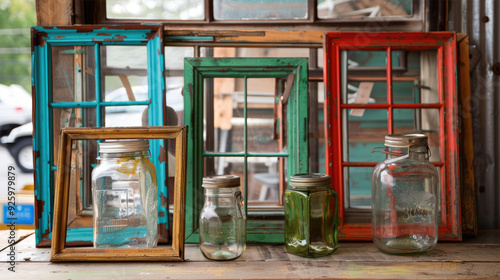 Rustic vintage window frames with green glass bottles photo