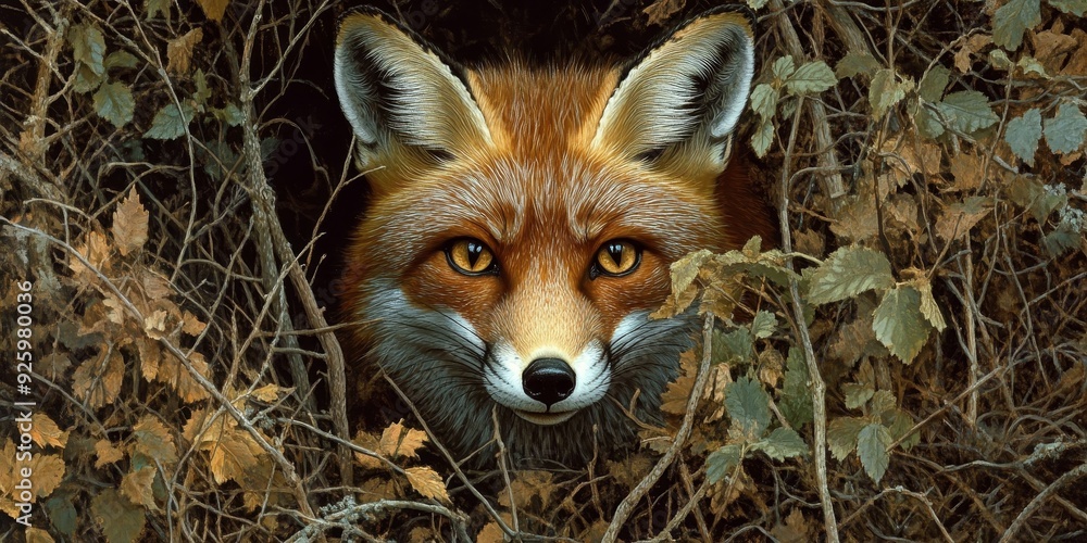 Fototapeta premium Close-up of a curious red fox peeking through the underbrush, capturing the enchanting and elusive nature of wildlife in a forest