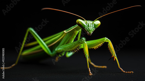 A green praying mantis isolated on a black background with selective focus. --ar 16:9 --v 6.1 Job ID: 69adfbb0-e452-46ea-a4cb-dcca05db07c5