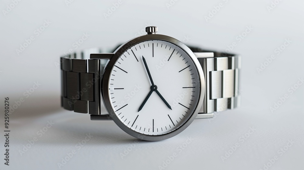 A minimalist stainless steel watch with a white face on a white background. A minimalist stainless steel watch with a white face on a white background.
