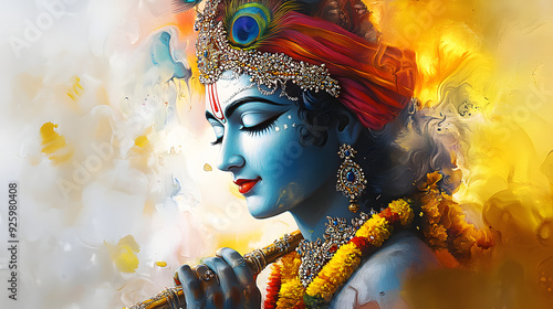 Fototapeta Naklejka Na Ścianę i Meble -  Beautiful digital painting of lord Krishna, the beloved deity, perfect for worship and devotion.