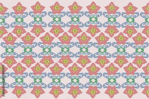 Seamless fabric pattern. Native damask pattern with orange and light blue flowers, European blue. White background illustration, vector, wallpaper.
