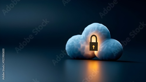 A glowing blue cloud with a padlock icon floating above it on a dark background, symbolizing security in the digital world of data photo