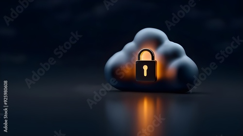 A glowing blue cloud with a padlock icon floating above it on a dark background, symbolizing security in the digital world of data photo