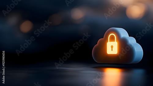 A glowing blue cloud with a padlock icon floating above it on a dark background, symbolizing security in the digital world of data photo