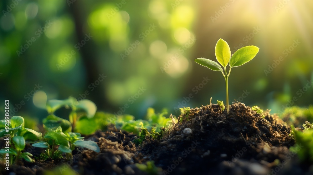 Close-up of tree sprouts emerging from the soil on a blurred nature background with copy space, an environment-friendly concept. Generative AI Close-up of tree sprouts emerging from the soil on a blurred nature background with copy space, an environment-friendly concept. Generative AI