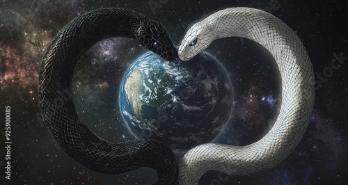 Two Serpents Embrace Earth in Space. photo