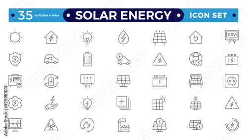 Solar energy outline icon set . Green energy icon set. Collection of renewable energy, ecology, and green electricity icons. Editable stroke outline icon. 