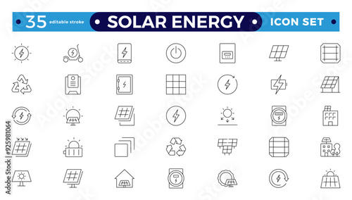 Solar energy outline icon set . Green energy icon set. Collection of renewable energy, ecology, and green electricity icons. Editable stroke outline icon. 