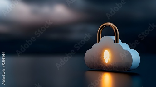 A glowing blue cloud with a padlock icon floating above it on a dark background, symbolizing security in the digital world of data photo