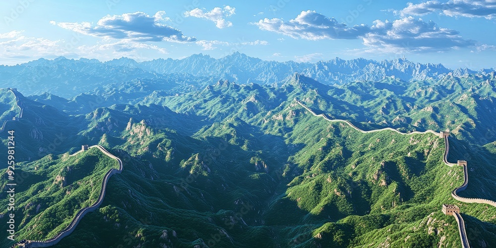 Fototapeta premium Detailed view of the Great Wall of China winding through mountainous terrain, showcasing the historical significance and scale of this landmark
