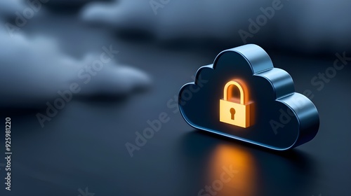 A glowing blue cloud with a padlock icon floating above it on a dark background, symbolizing security in the digital world of data photo