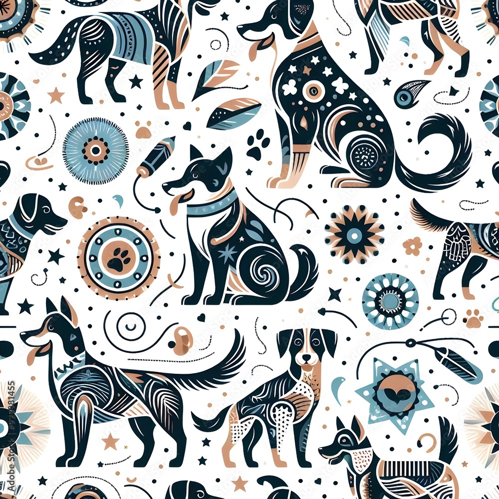Naklejka premium Seamless Pattern with Ornate Dogs and Geometric Motifs