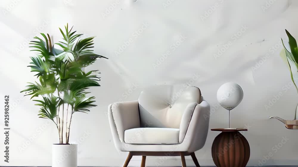 A stylish armchair, a lamp and a large plant against a white wall. Stylish interior design. A stylish armchair, a lamp and a large plant against a white wall. Stylish interior design.