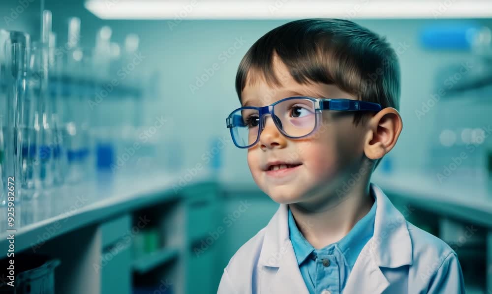 Portrait of a cute little boy in a lab coat and glasses Portrait of a cute little boy in a lab coat and glasses