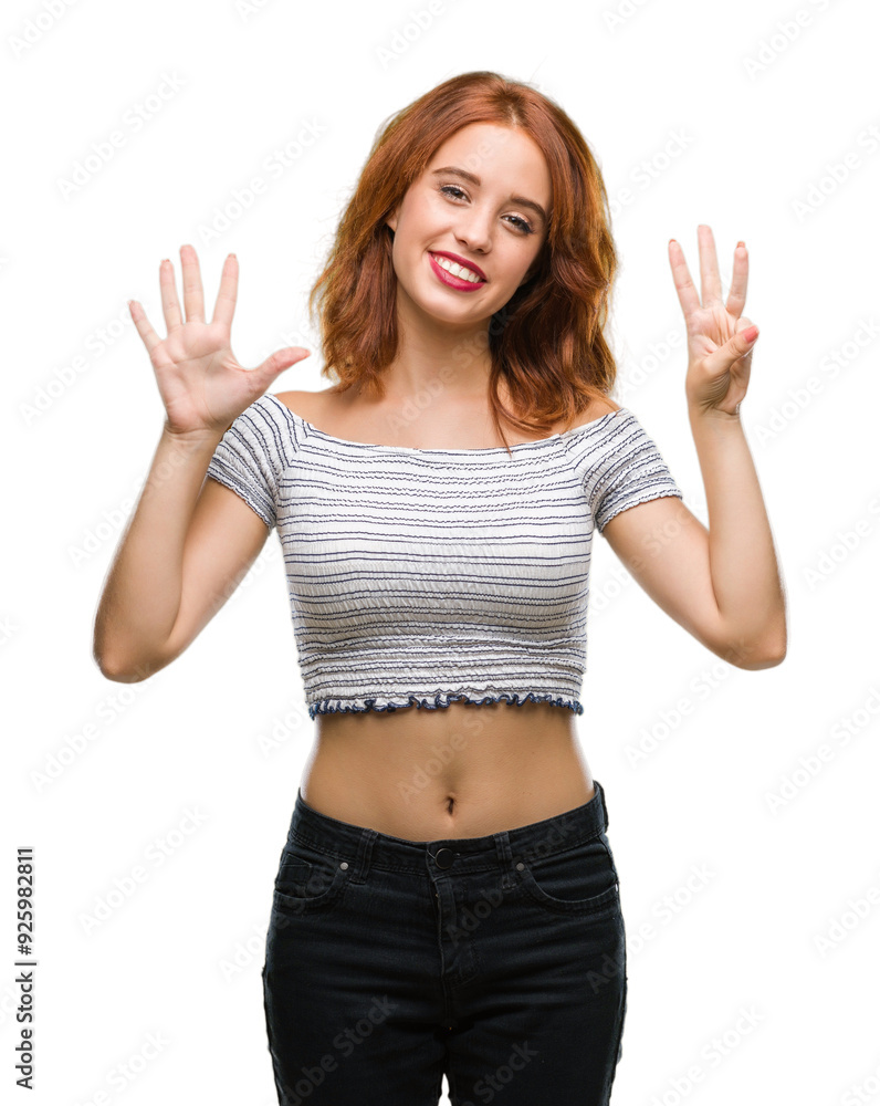 Young beautiful woman over isolated background showing and pointing up with fingers number eight while smiling confident and happy. Young beautiful woman over isolated background showing and pointing up with fingers number eight while smiling confident and happy.