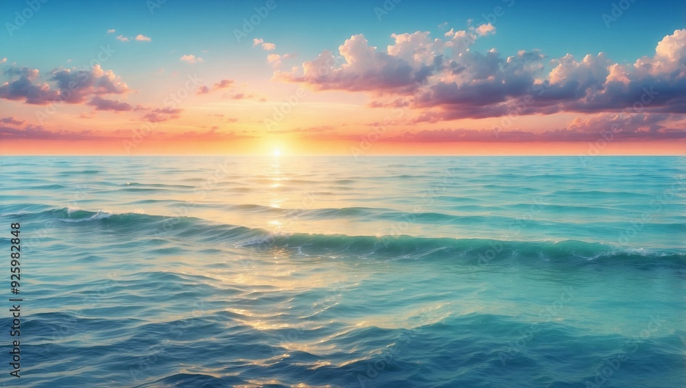 Obraz premium A sunset over the ocean with a blue sky and the sun setting over the horizon. 