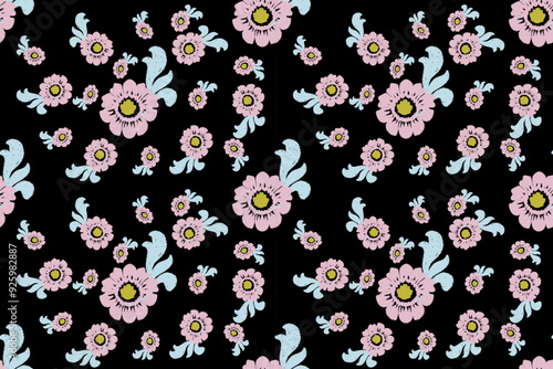Wallpaper Mural Seamless ikat fabric pattern. Pink flowers, light green damask leaves on black background. Illustration, vector, wallpaper, wrapping paper. Torontodigital.ca